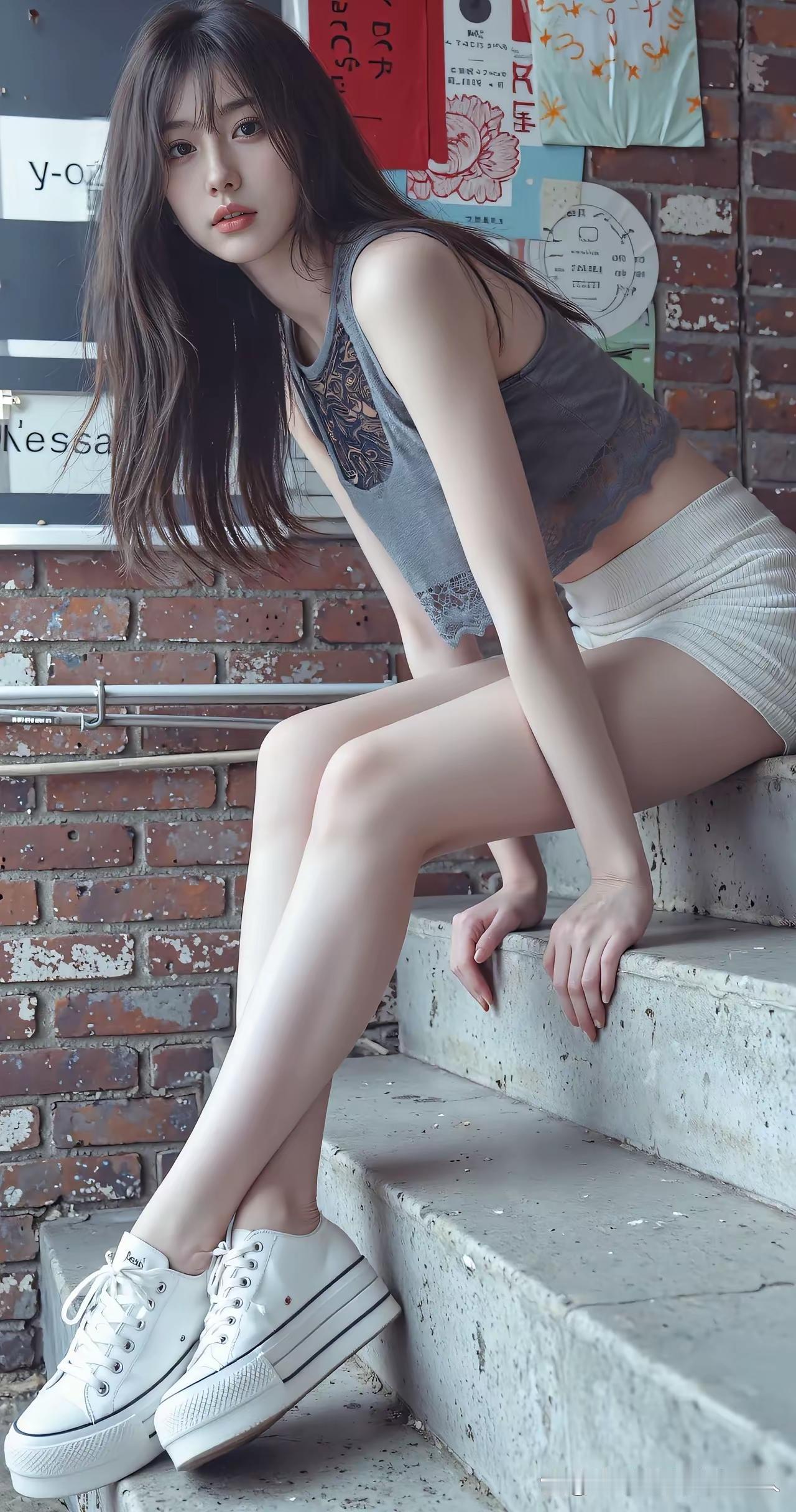 都市少女风，白色帆布鞋搭配灰色背心，时尚又舒适。