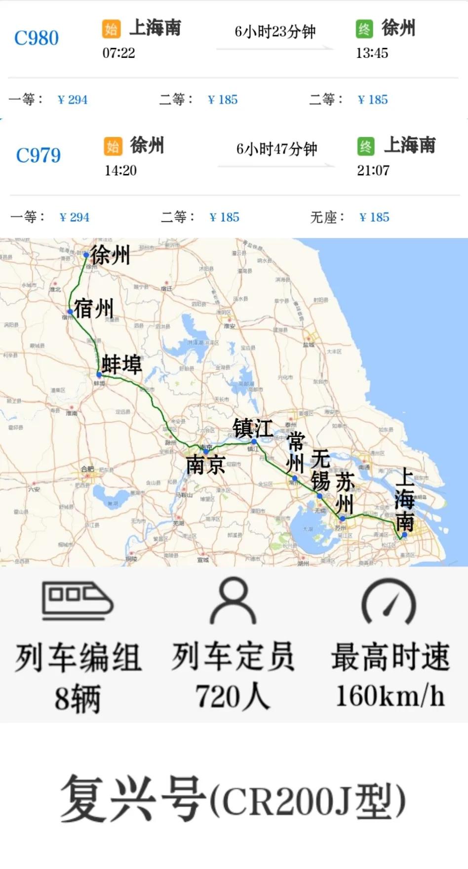 增开上海南到徐州复兴号绿巨人一对，最高时速160㎞/h，经京沪铁路运行。
202