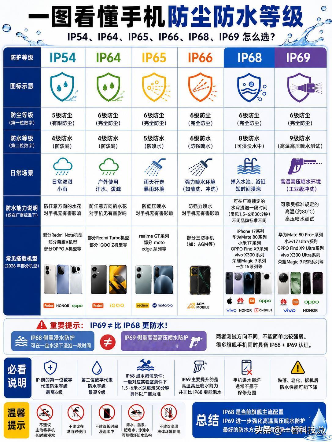 一图看懂手机防尘防水等级！

其实，手机的IP防护等级由两个数字组成：第一位代表