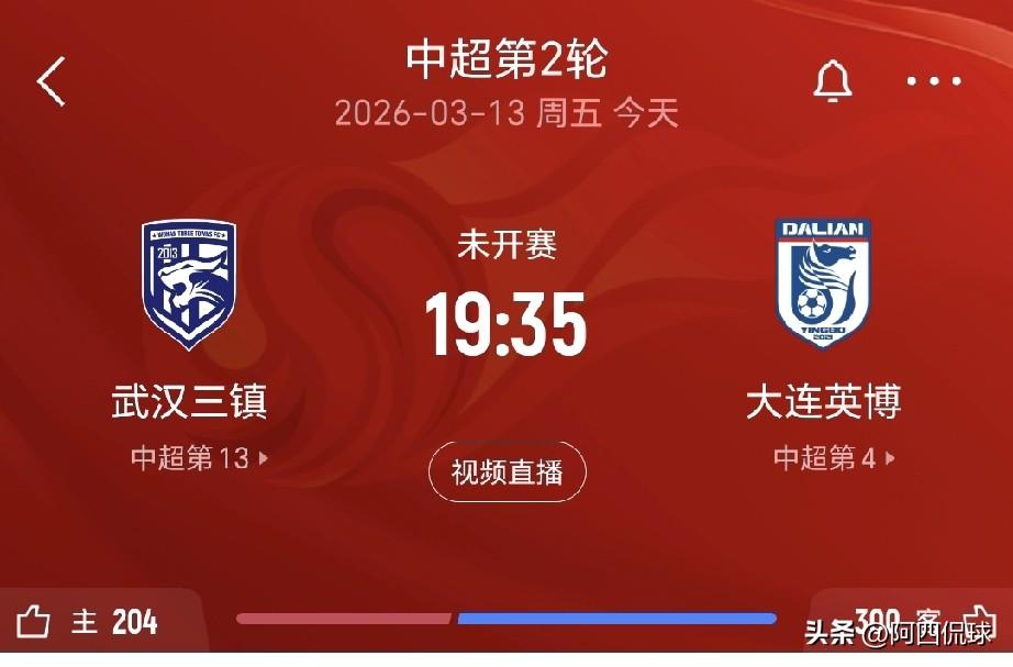 预测比分3：1，大连英博取得赛季开门红。中超联赛第二轮，大连英博客场挑战武汉三镇