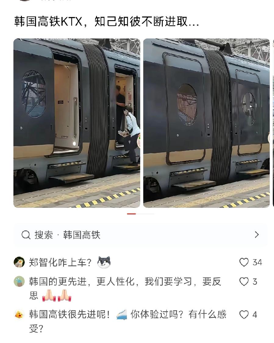 他说：韩国的更先进，更人性化，我们要学习，要反思 。
就因为韩国的高铁有两个伸缩