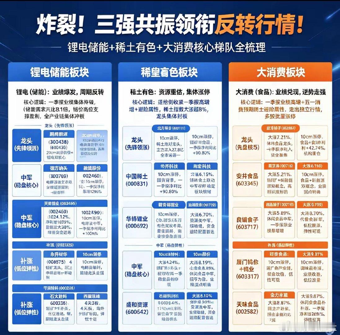 共做龙头，拒绝杂毛。炸裂！三强共振领衔反转行情！锂电储能+稀土有色+大消费核心梯