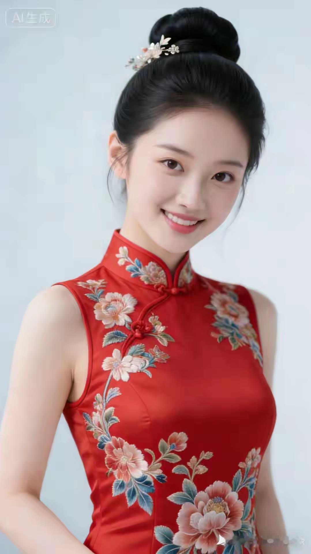 红衣美人笑，花枝招展间。