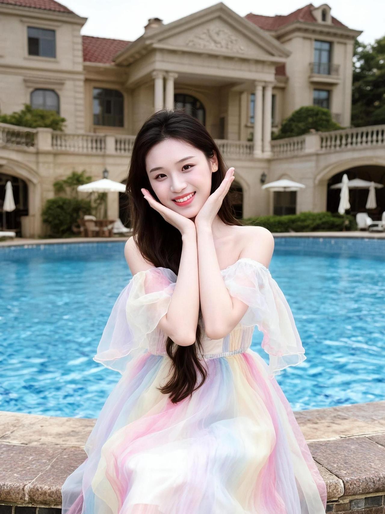 这泳池的水是不是加了滤镜，怎么我一进去就觉得自己是彩虹仙子了？裙子是彩色的，水是