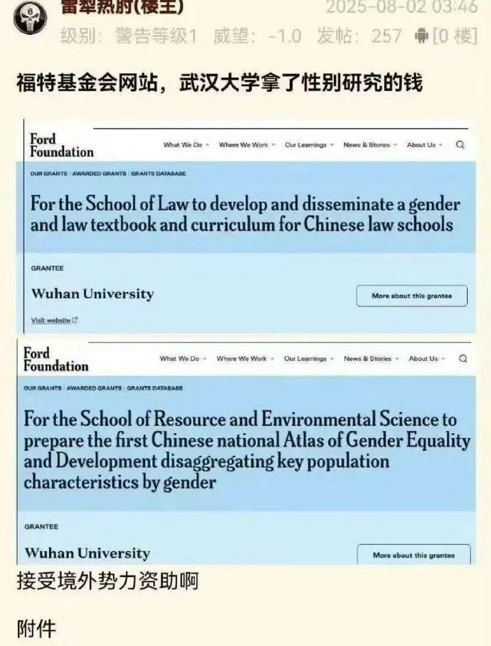 网友扒出了更劲爆的内幕。

在美国福特基金会的网站上，有武汉大学接受基金会资助，