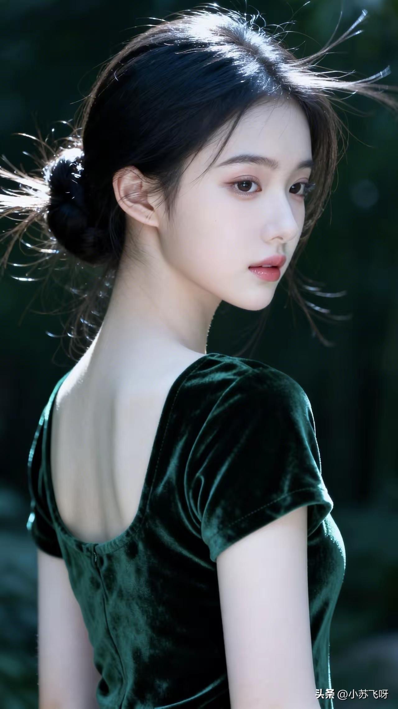 优雅黑发少女，深邃绿衣，自然光下更显动人