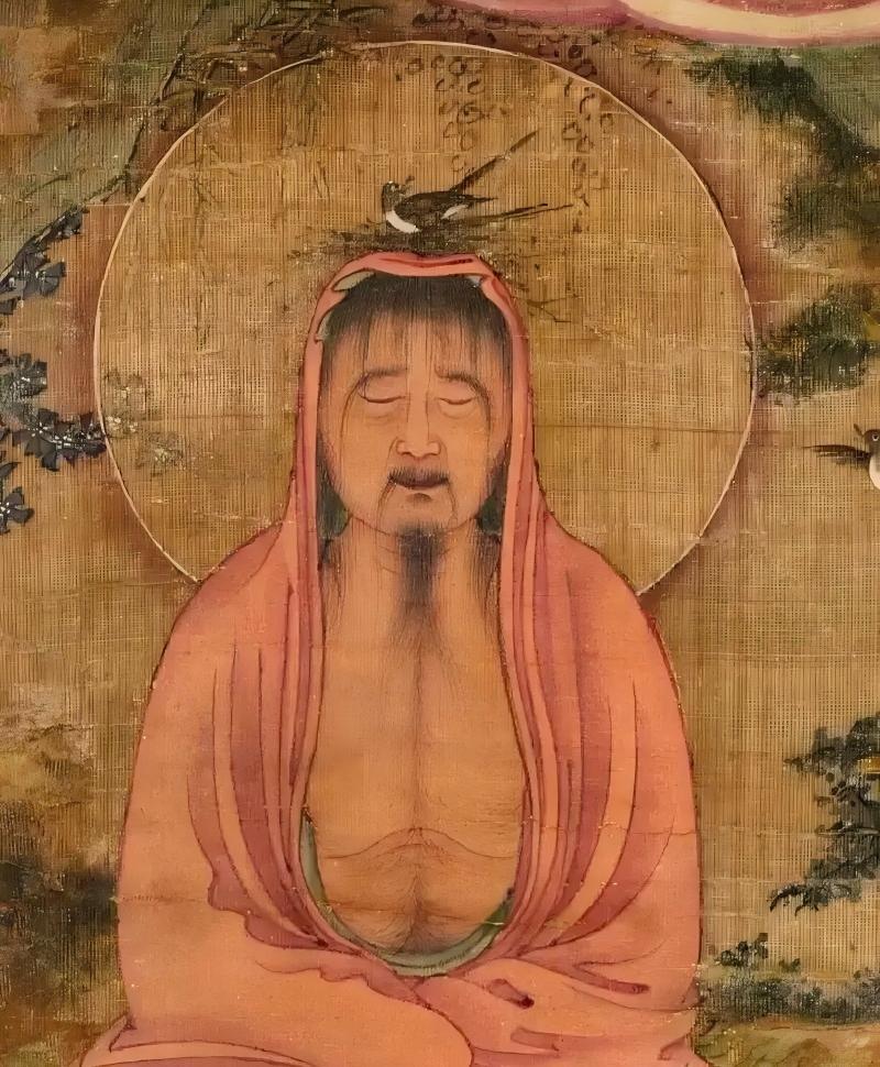 明代这幅《罗汉降龙图》中，这个罗汉头顶上有个鸟巢是啥意思？砖家能否解释一下！