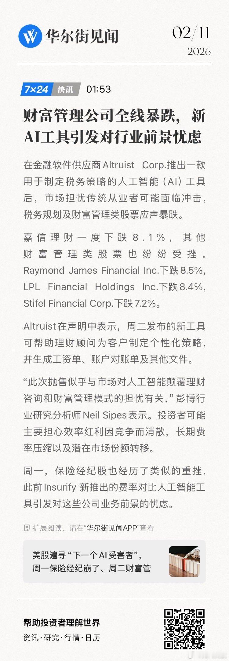 【财富管理公司全线暴跌，新AI工具引发对行业前景忧虑】在金融软件供应商Altru