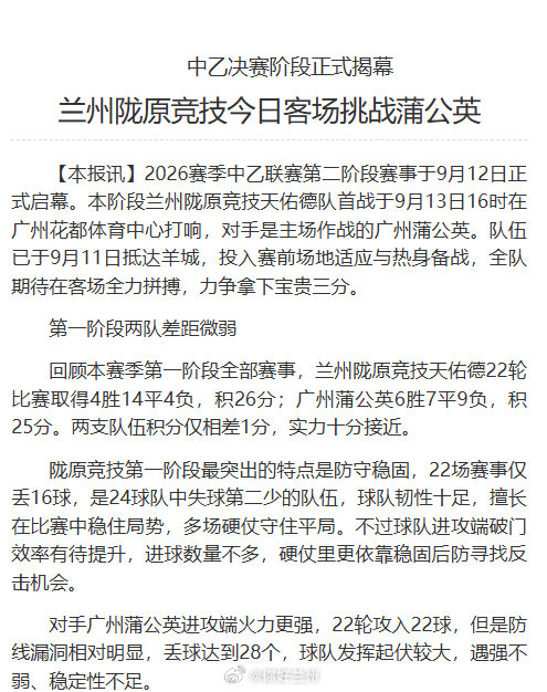 【兰州陇原竞技今日客场挑战蒲公英】2026赛季中乙联赛第二阶段赛事于9月12日正