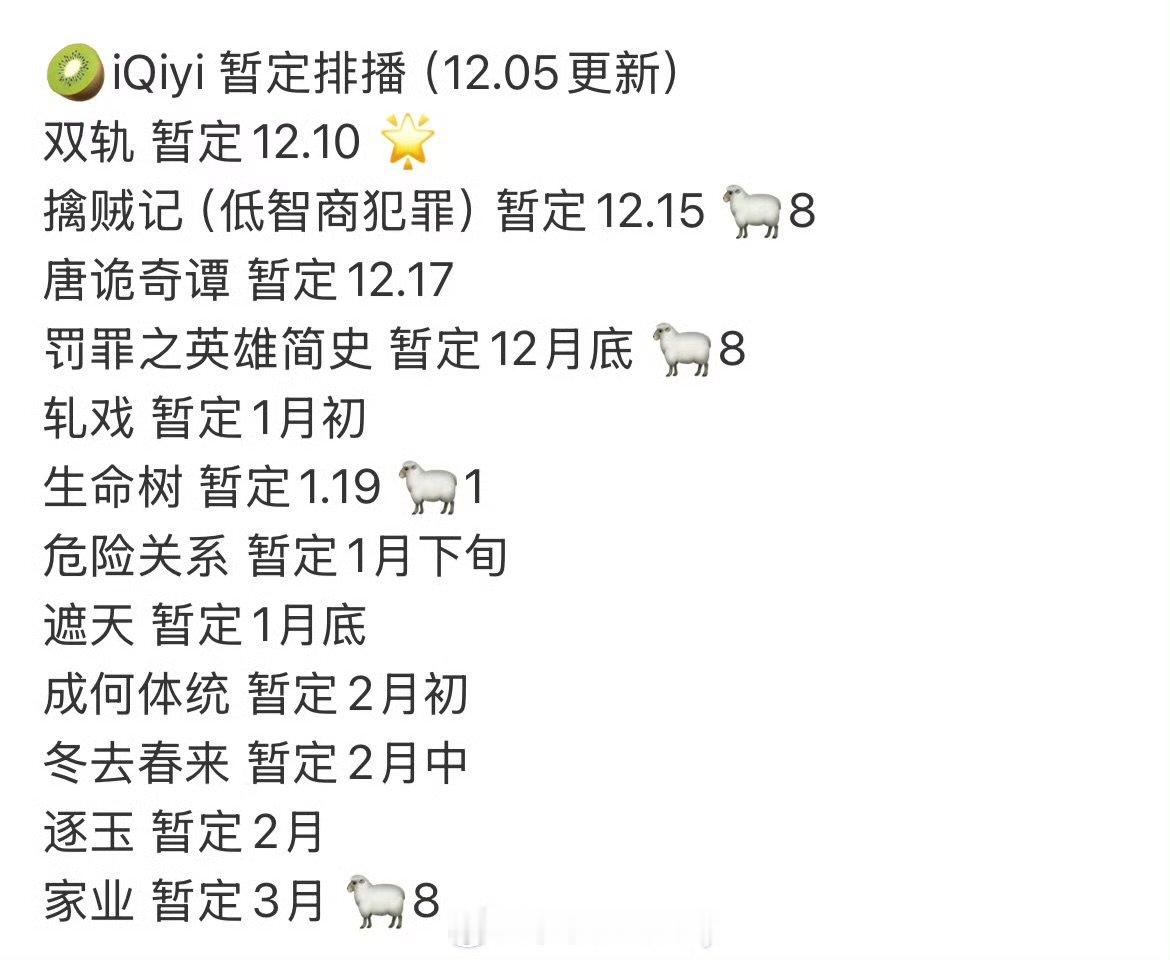 网传爱奇艺12月排播爱奇艺12月至3月排播爱奇艺12月至3月排播 