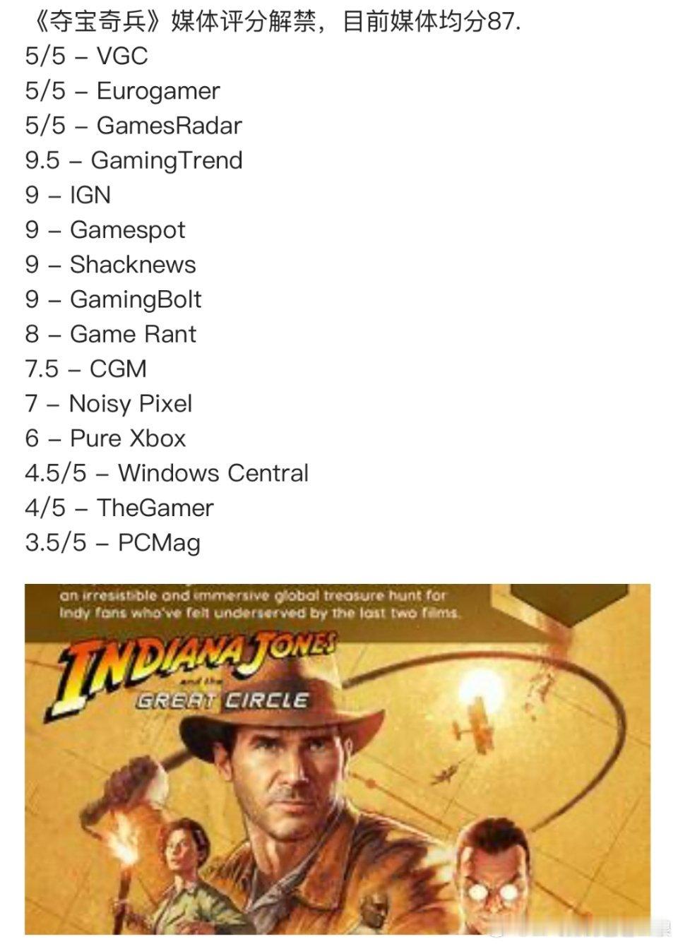 夺宝奇兵古老之圈媒体评分  12月9日，《夺宝奇兵：古老之圈》登陆Xbox和PC