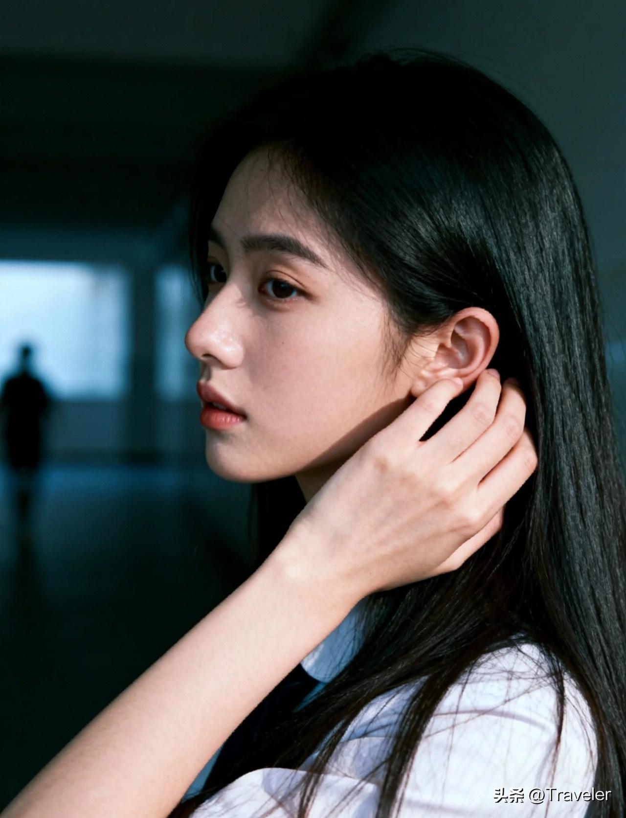 少女侧颜杀，光影交错，唯美动人