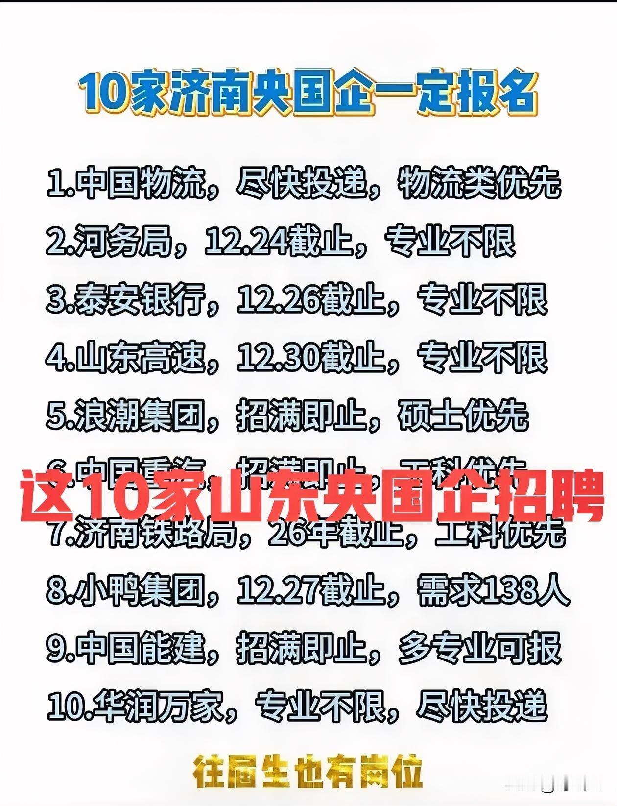 捡漏好机会！这10家山东央国企招聘正在报名中！中国物流、山东高速、浪潮集团、济南