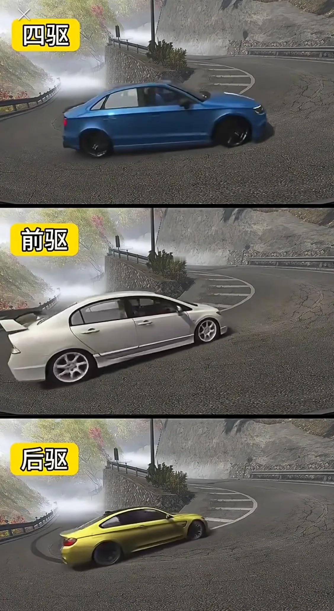 四驱:抓地力太强，飘不起来
前驱:重心在车头，不易甩尾，出弯速度快
后驱:重心在