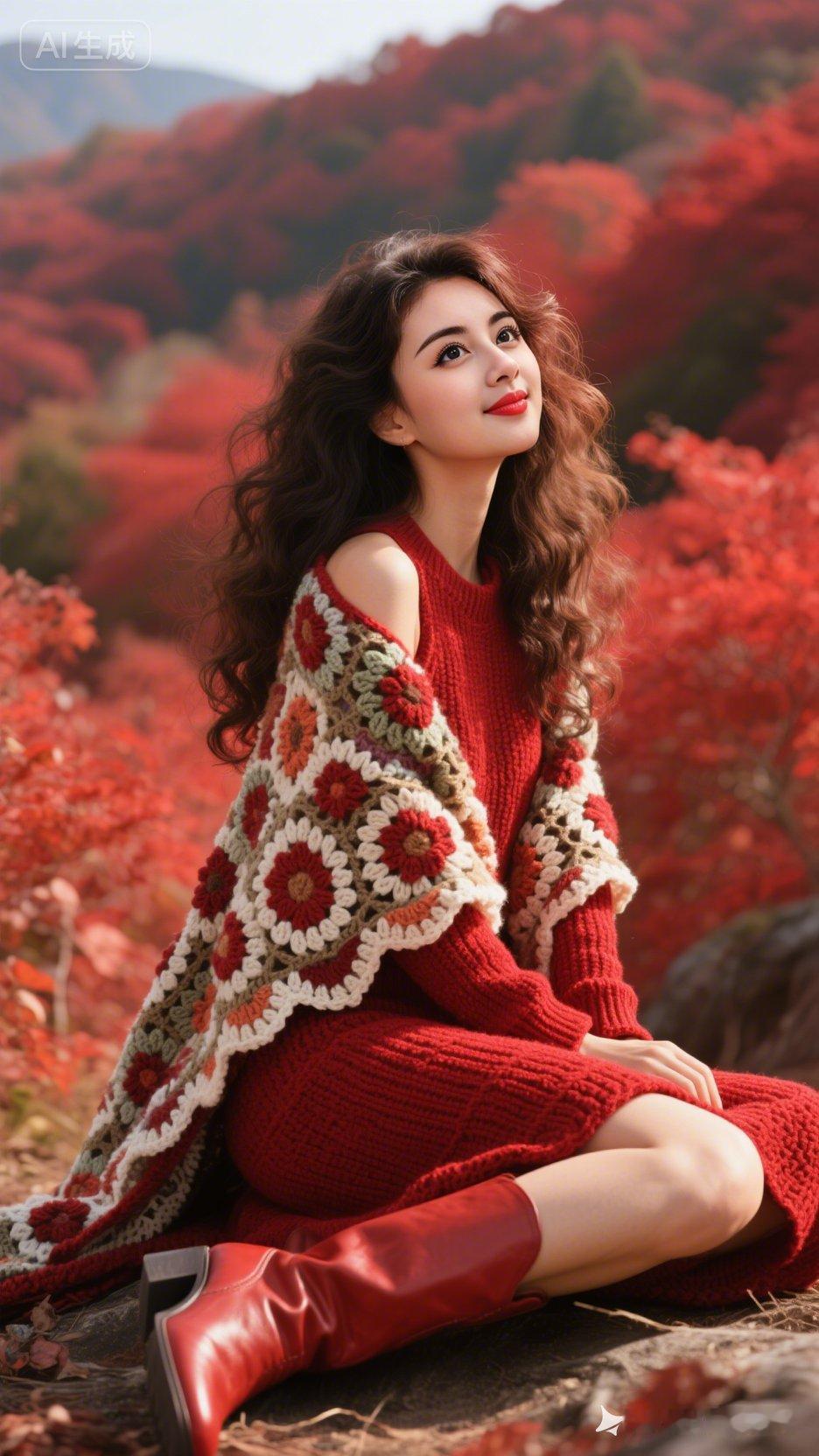 秋天的景色，她坐在红叶中。