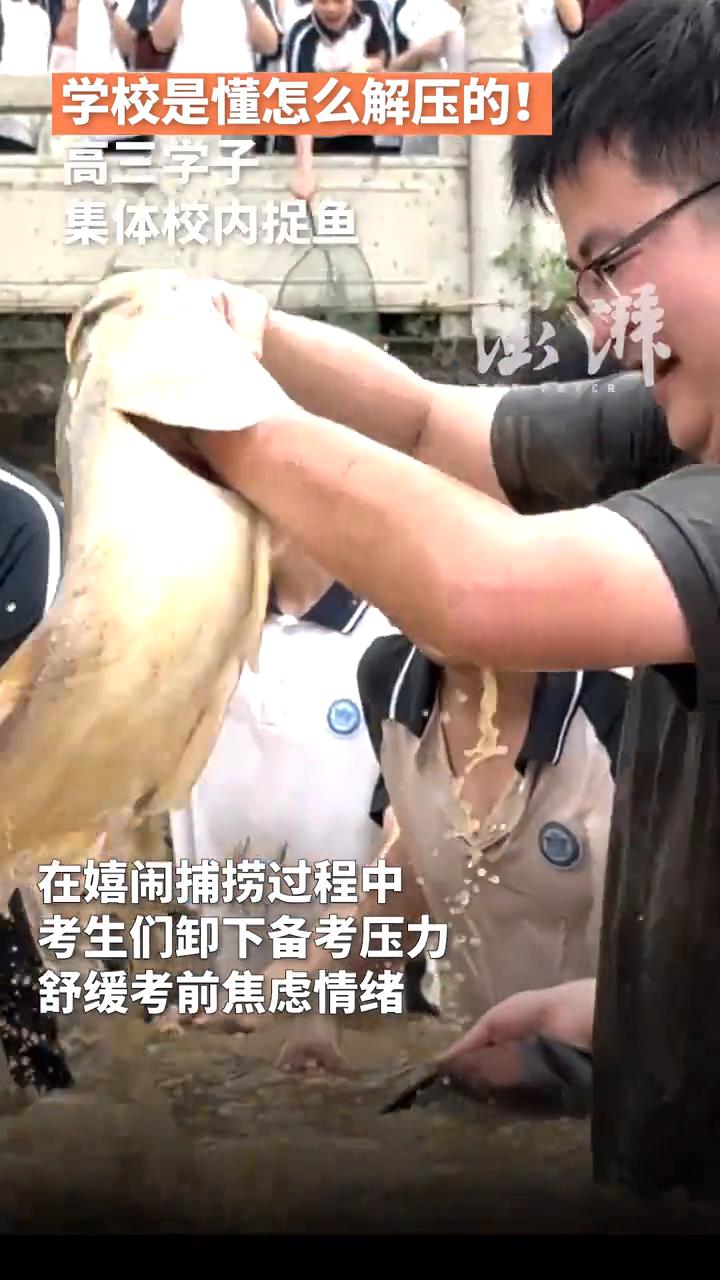 学校是懂怎么解压的，高三学子集体校内捉鱼。
暖间湃。
6月5日，广东河源和平县福