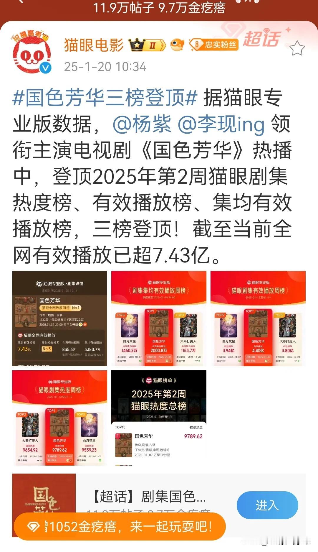 猫眼刚刚发布数据
杨紫主演电视剧《国色芳华》登顶2025年第2周猫眼剧集热度榜、