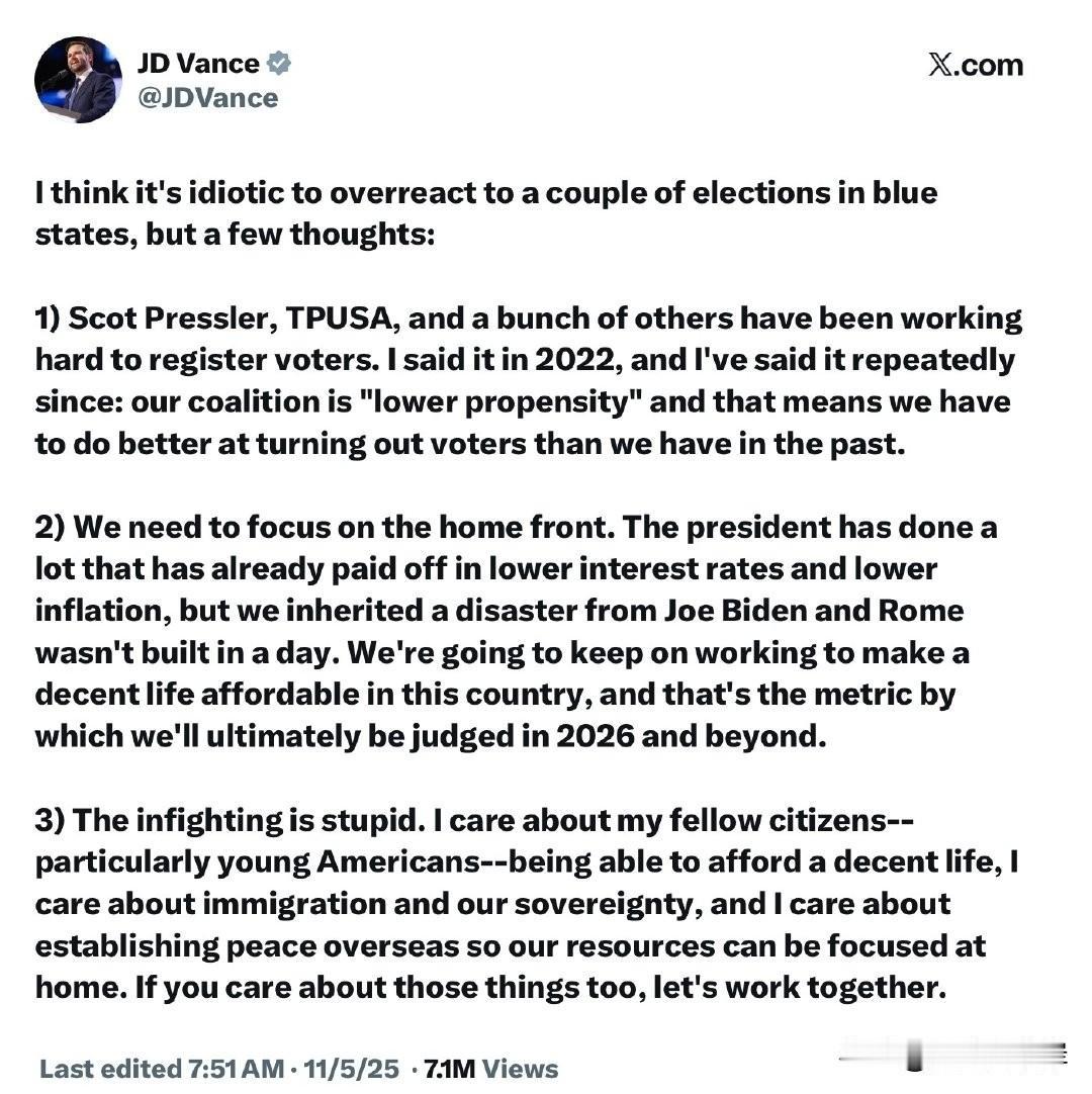 JD Vance就地方选举的结果发表看法，认为无需过度反应。
“我认为，对几个蓝