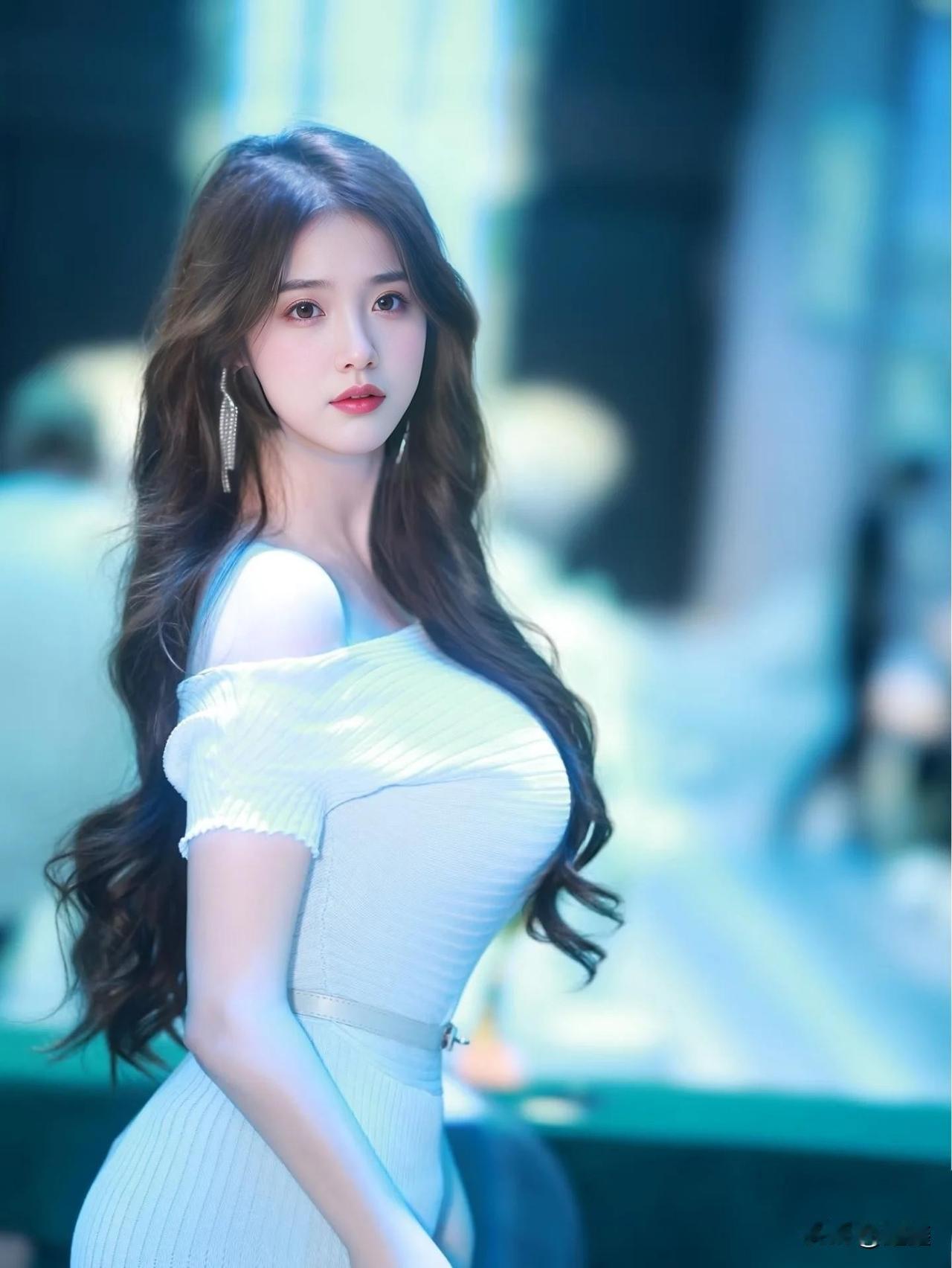 优雅白裙少女，梦幻蓝调背景，唯美动人！
