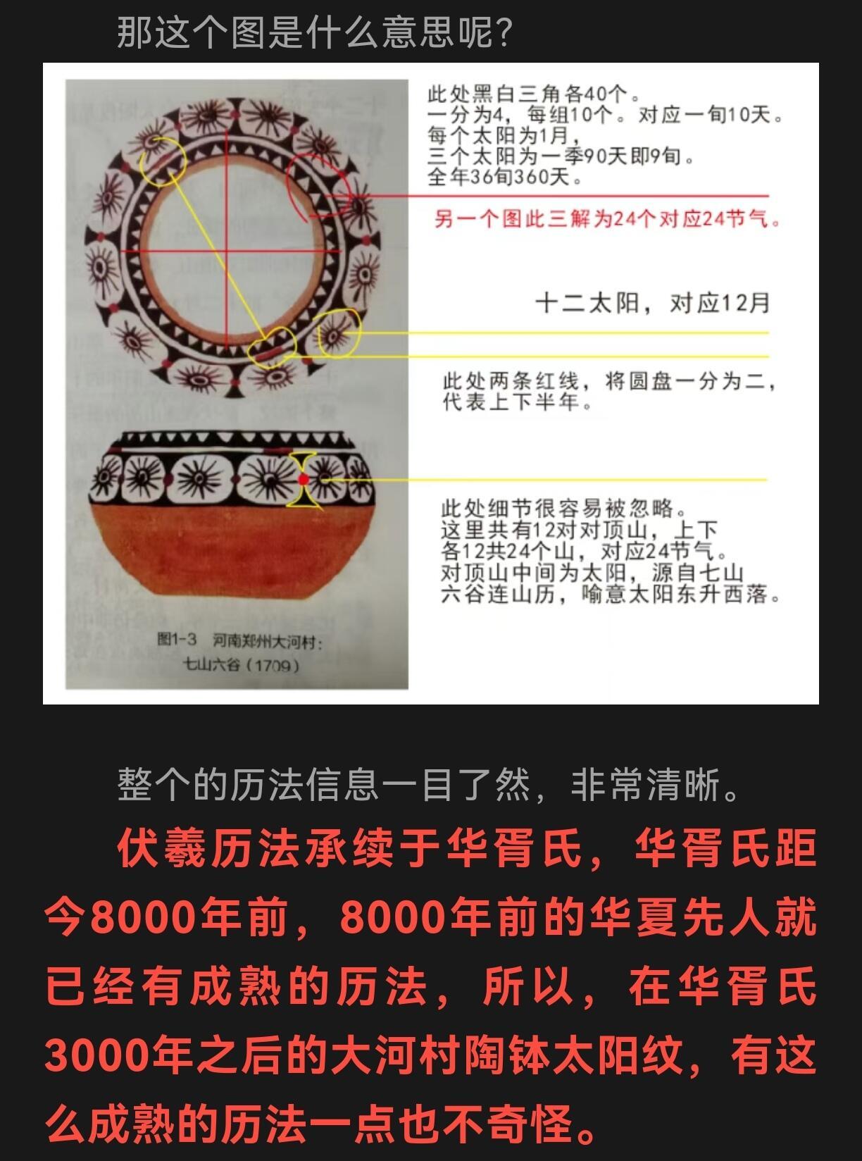 大河村太阳纹彩陶片，5000年前伏羲历法的印证！伏羲历法承续于华胥氏，华胥氏距今