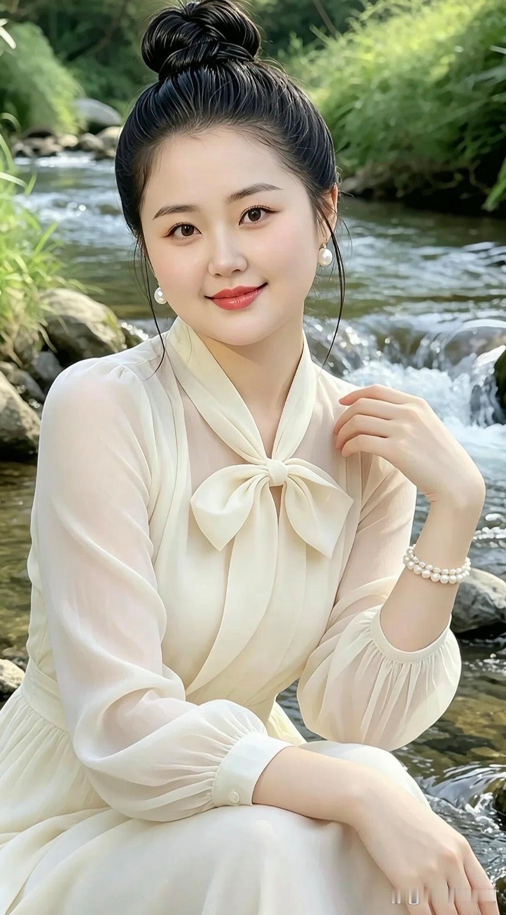 她坐在小溪边，微笑着看着镜头。