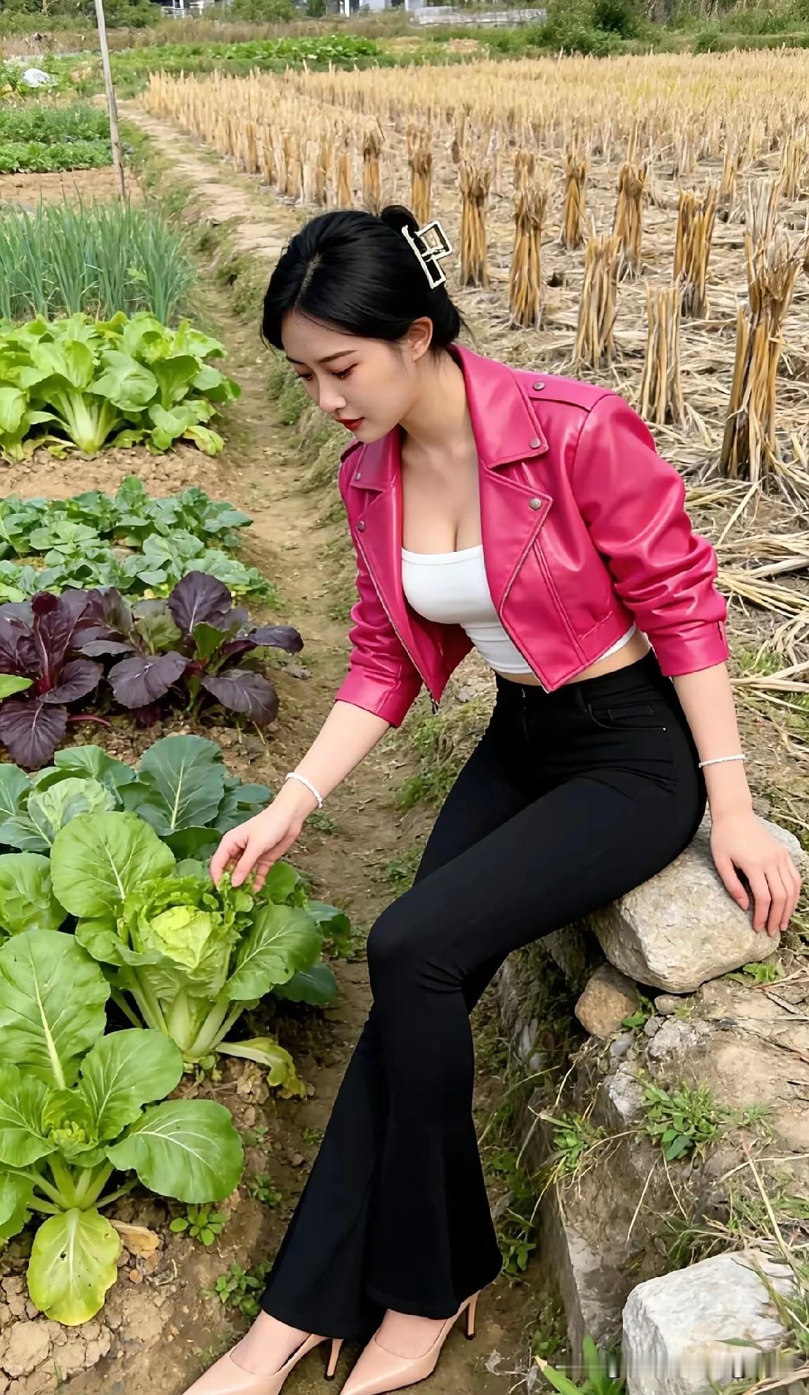 妹子穿高跟鞋下地摘菜
田园美女 爱摘菜的小媳妇 
菜园里的女人