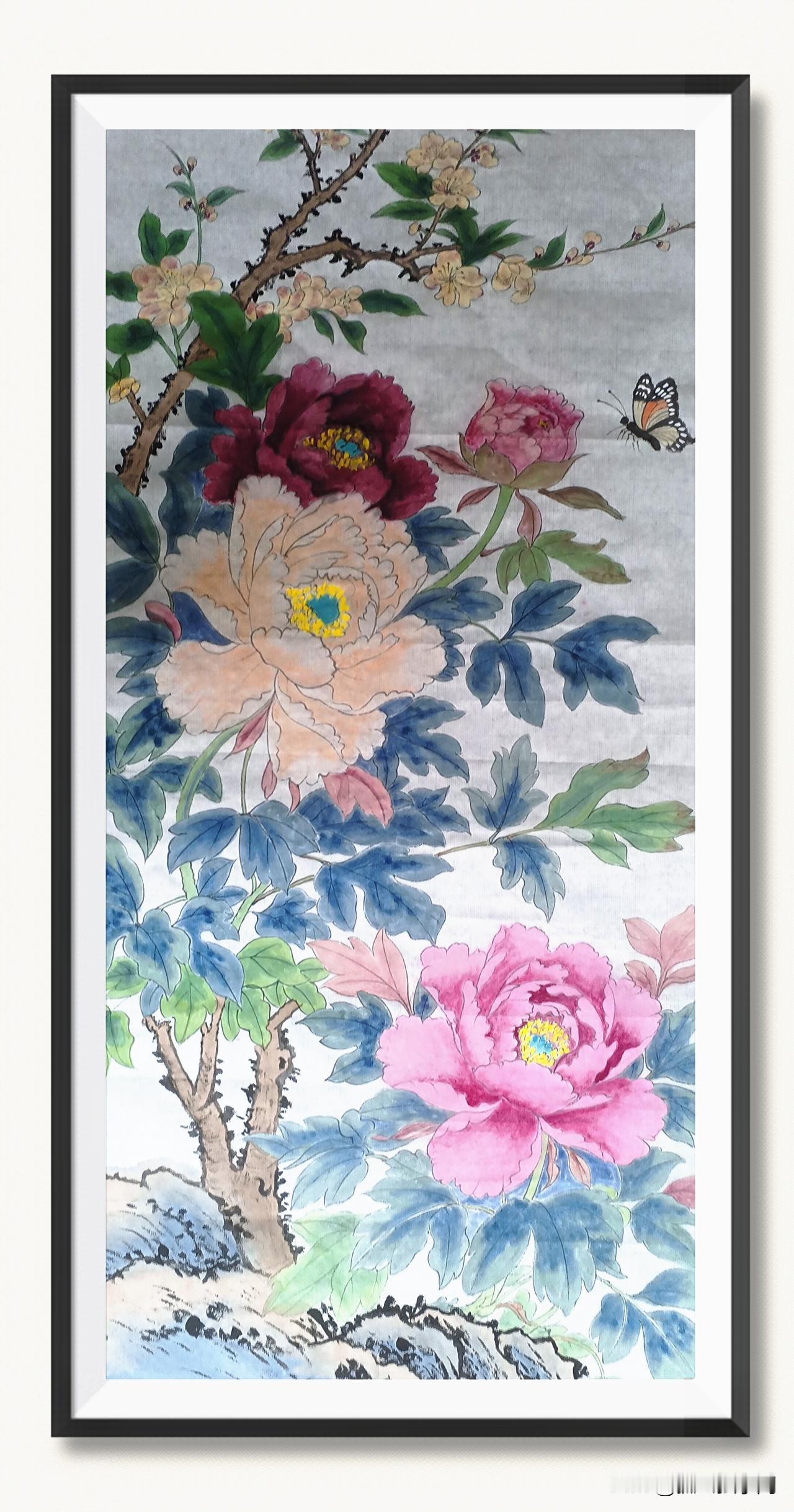 完成三尺国画《花开富贵》的绘制！
    一纸素笺，以线写芳华。
牡丹雍容，花枝