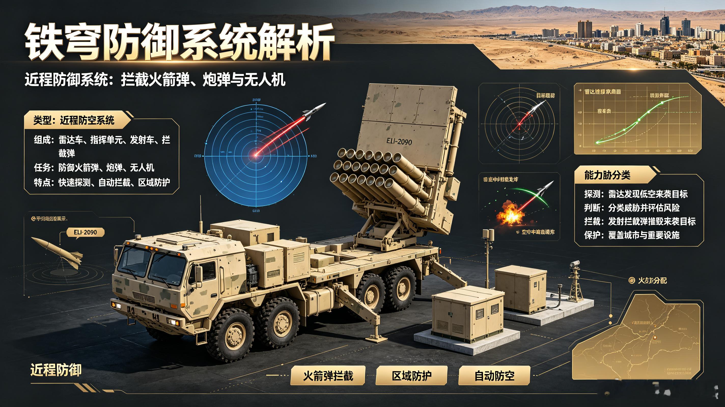 铁穹防御系统，以色列近程防空主力。雷达探测来袭火箭弹和无人机，指挥单元判断威胁，
