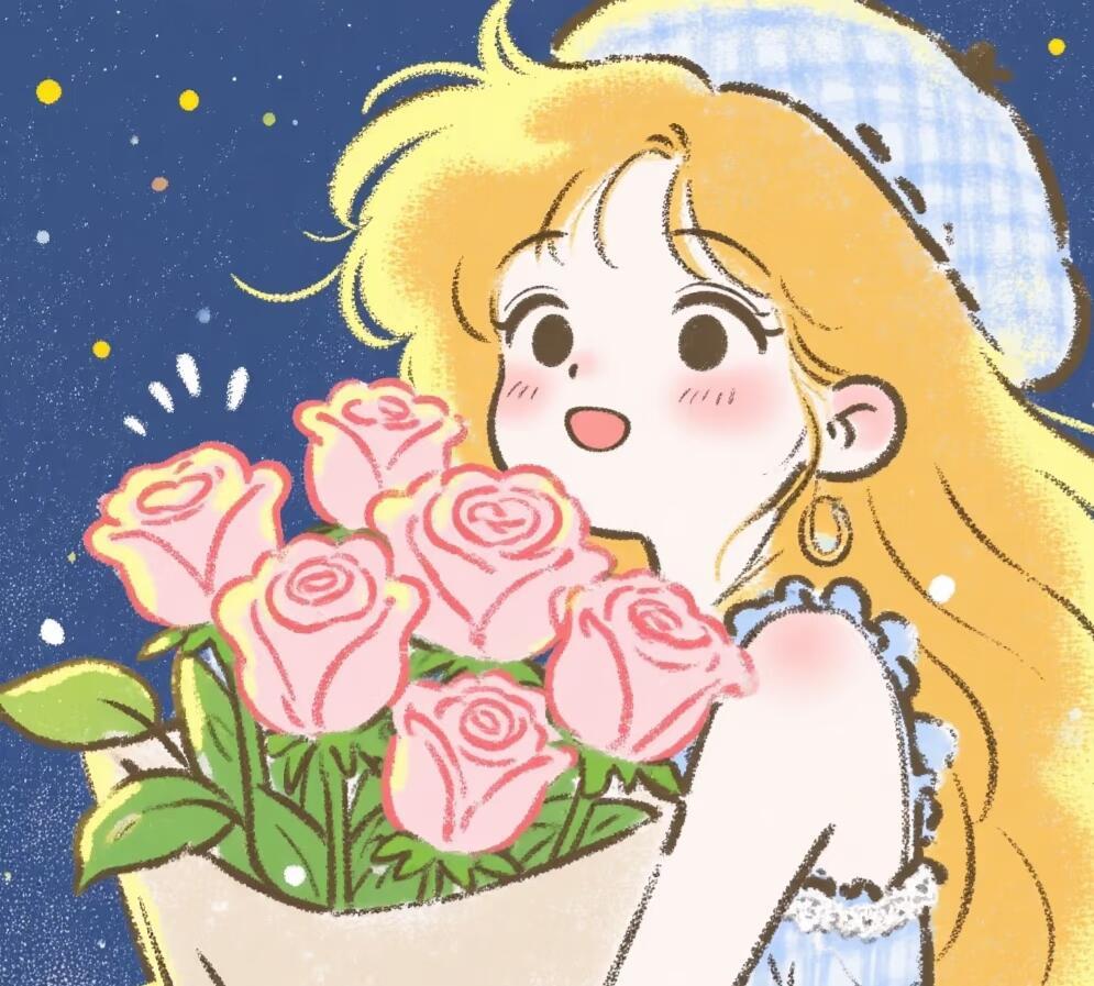 坠入星光里✨金发少女与小猫、玫瑰软乎乎手绘头像合集夜色星光作背景，浪漫又温柔，无