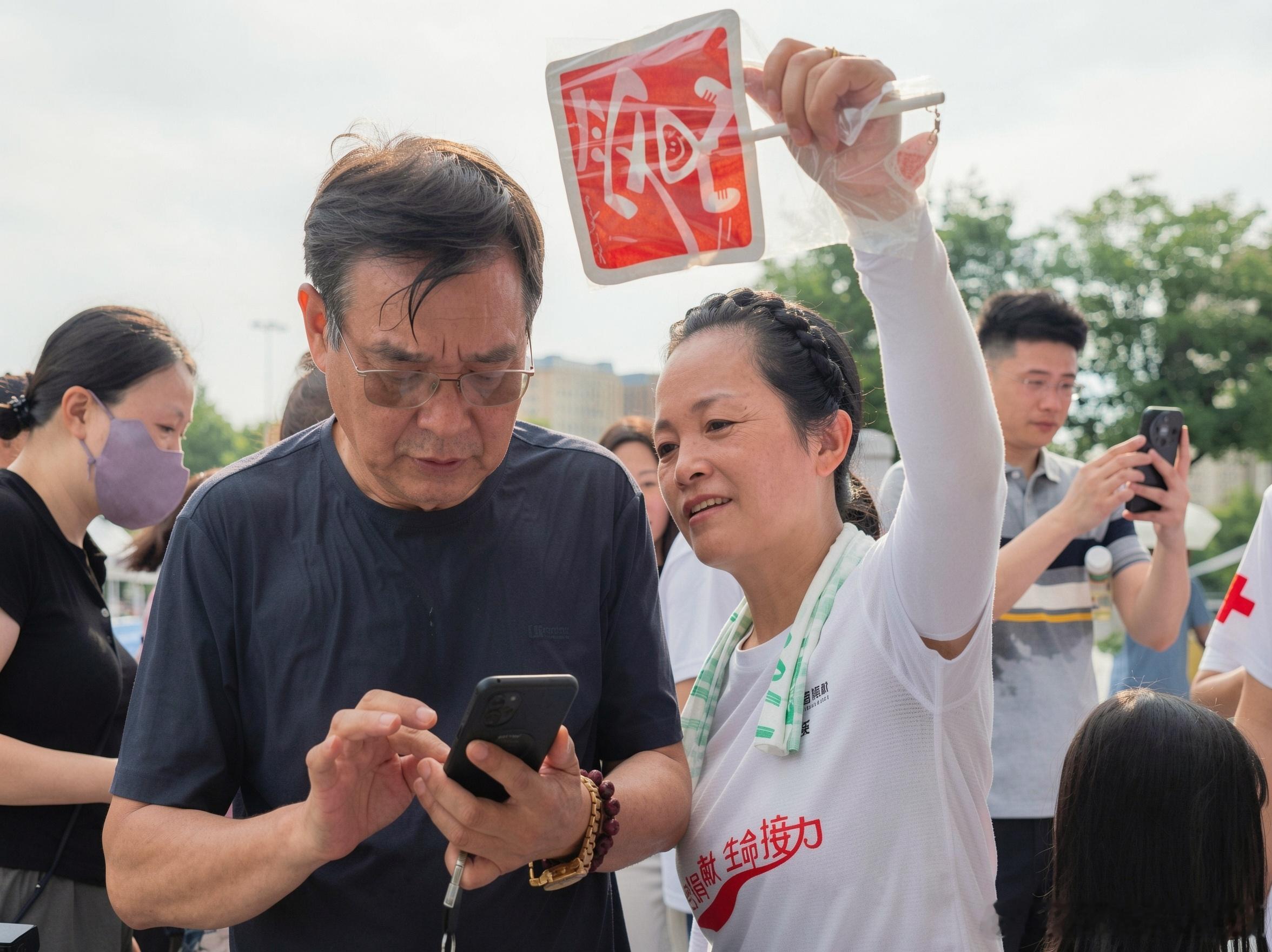 现场天气闷热，杭州市民正低头操作手机填写捐献登记信息，额角渗出细密汗珠，身旁的红