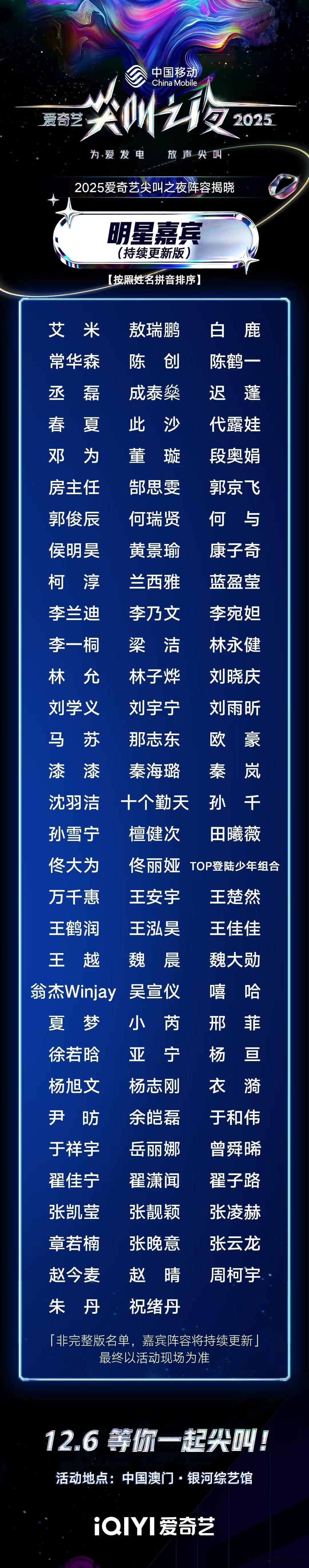 吃瓜探头：首轮官宣的艺人快上百了？12月6日蹲桃尖叫夜，张凌赫田曦薇也在名单，路