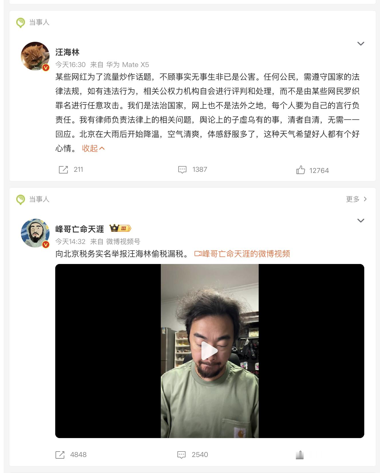峰哥实名举报汪海林偷税漏税 连起来看才看得懂