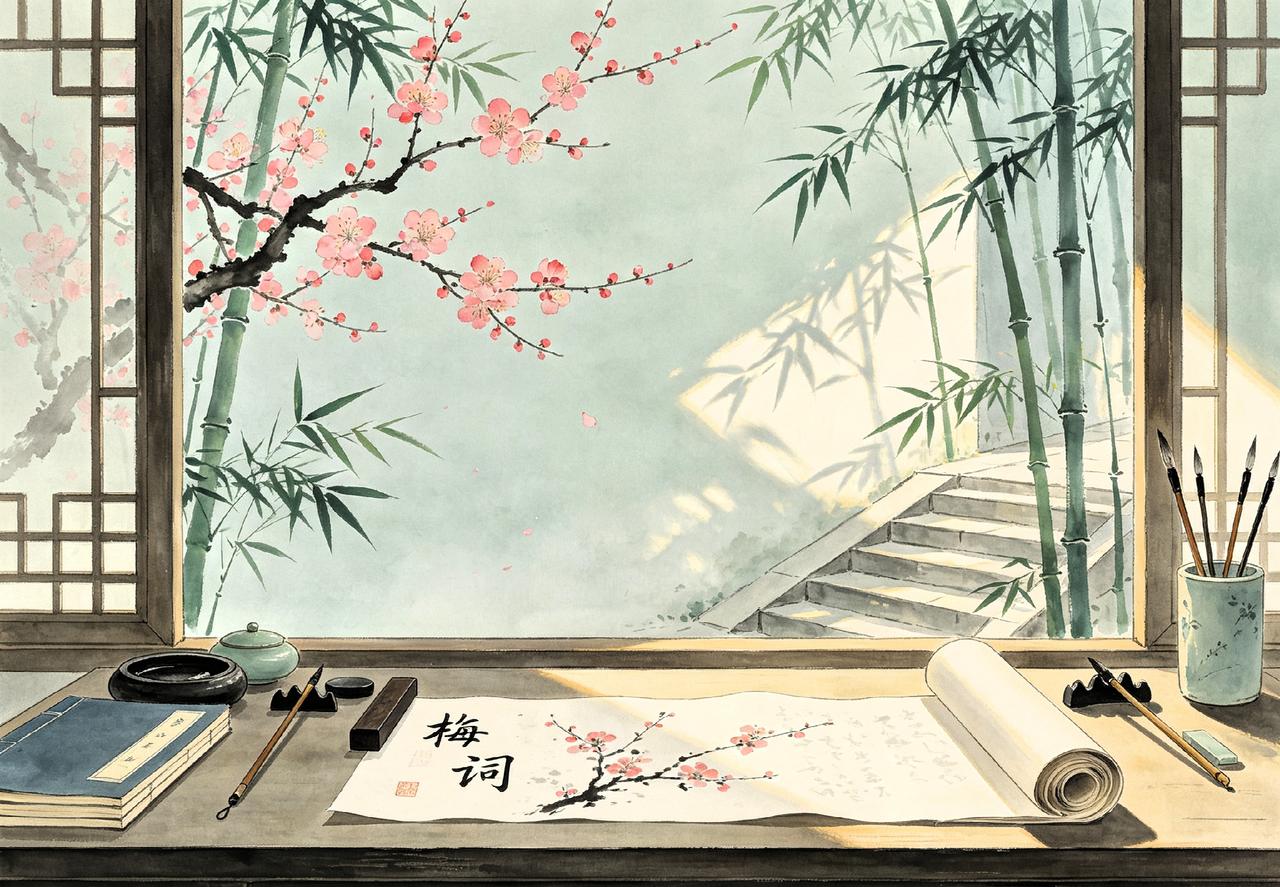 上联：半卷梅词仍在案，
下联：一窗竹影静临阶。
简析：
 上联：半卷梅词仍在案，