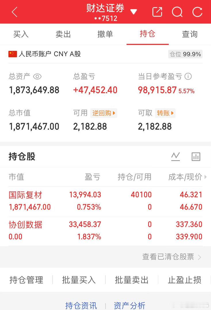 50万全职炒股的第49天总资产1873649当日参考盈亏+98915持仓股：出协