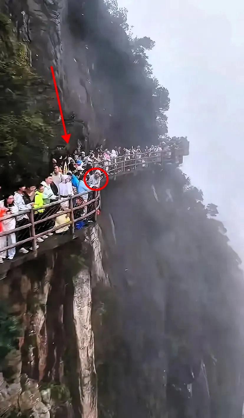 “太揪心了”有一名女子跟家人到某景区游玩，在登上栈道观光的时候，发现栈道上挤满了