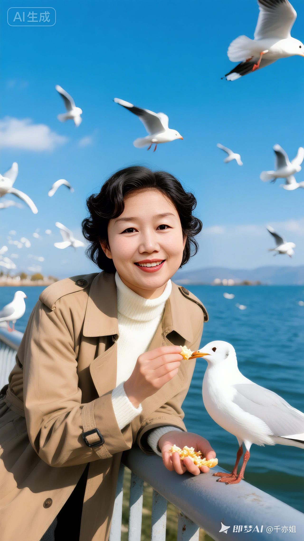 海鸥戏水人欢笑，春日暖阳照心怀。