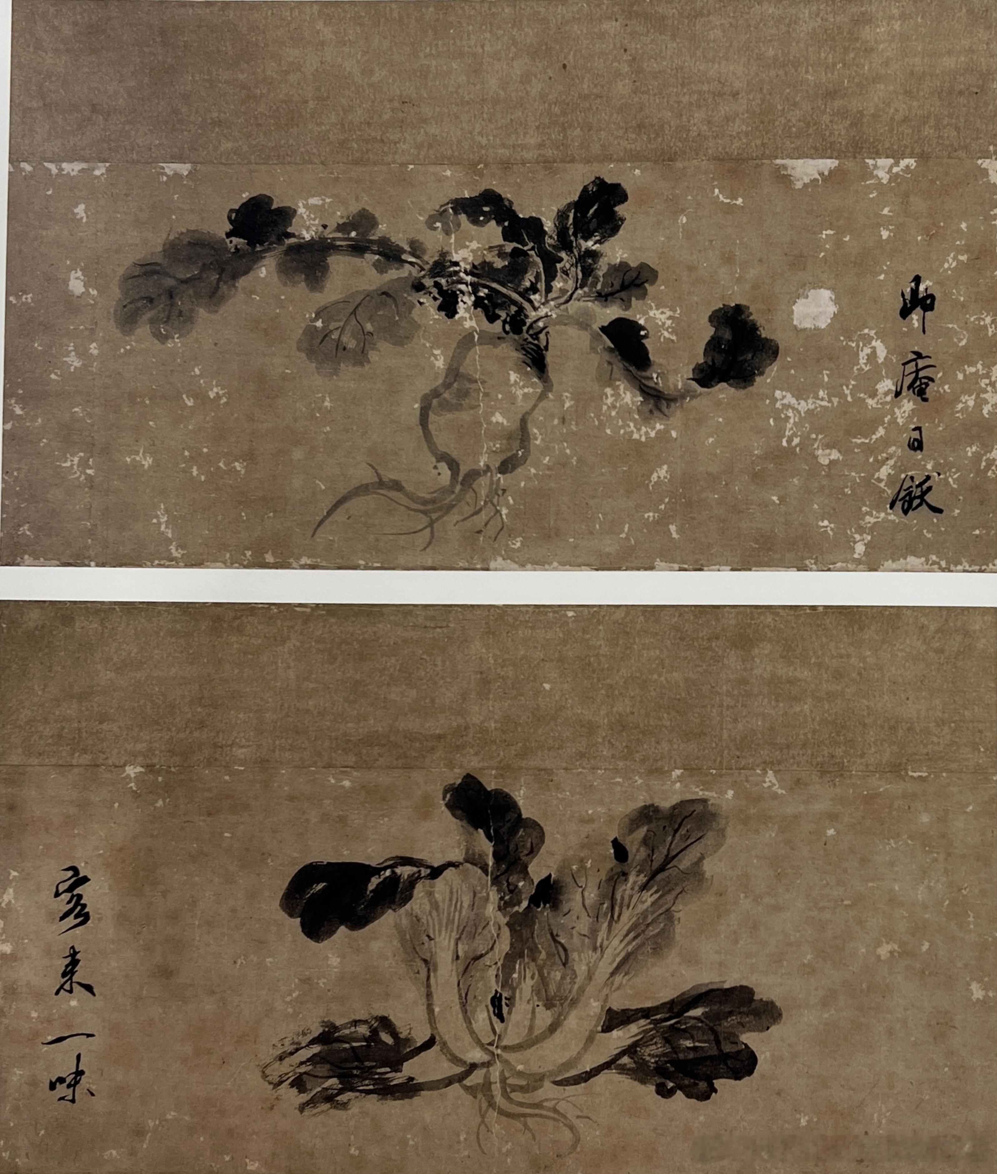 宋·牧溪（传）《萝卜芜菁图》，宫内厅藏 画面上仅分别画着萝萄和芜菁（青菜)。萝萄