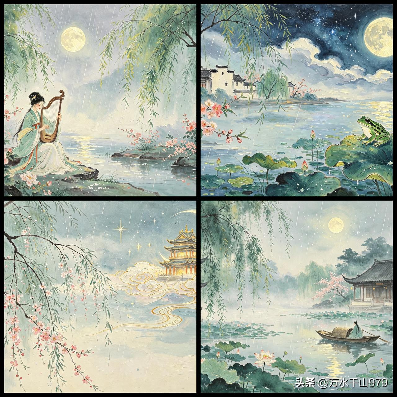 暮雨天晴
             一
一场酥雨黯然收，
两岸柳绿花满楼。
云退