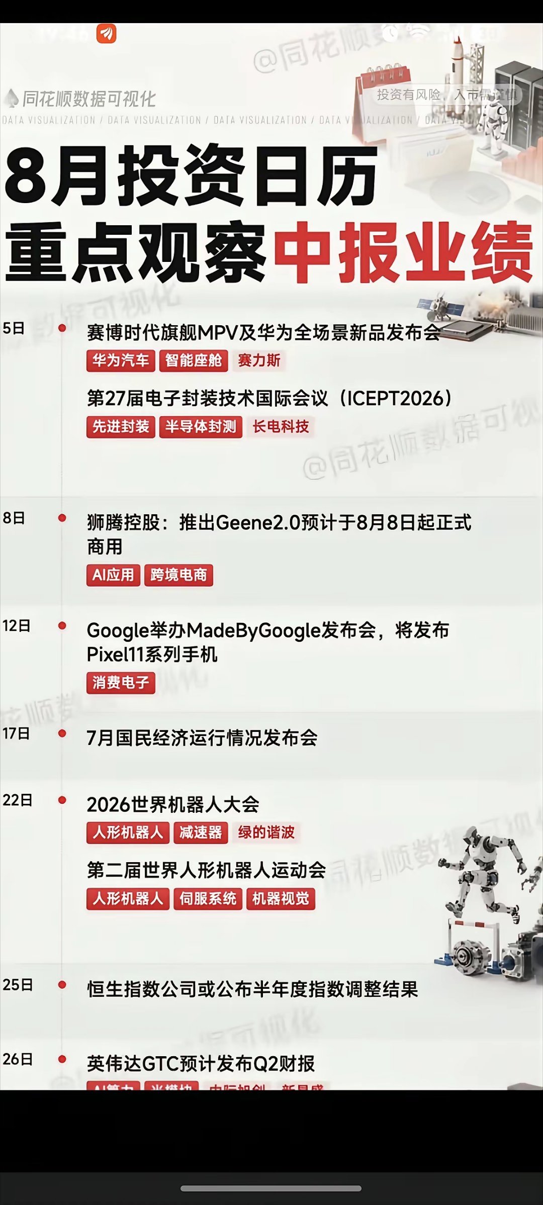 8月份投资日历：重点关注中报业绩！1.磷酸铁锂涨价2.电容涨价3.世界机器人大会