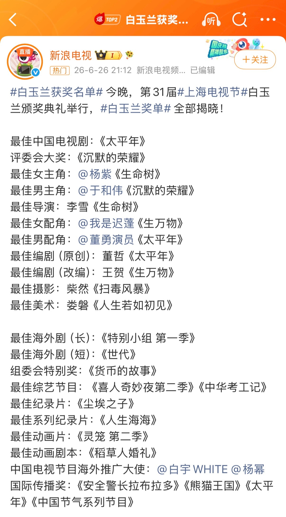 白玉兰获奖名单恭喜获奖的各位🎉 