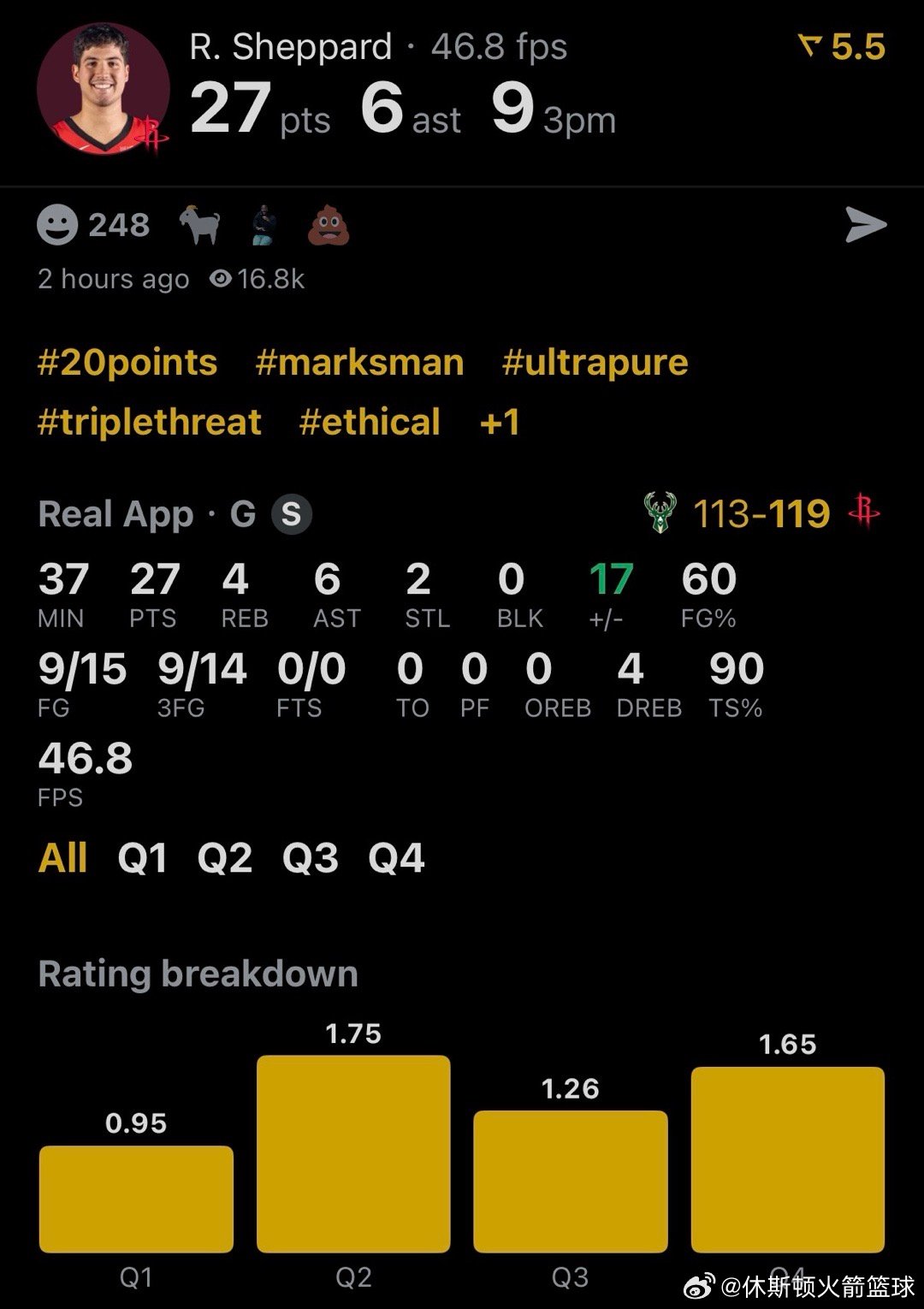 休斯顿火箭 NBA球员评分 谢泼德-我的评分：怪不得库里要挑打火箭复出，原来是想