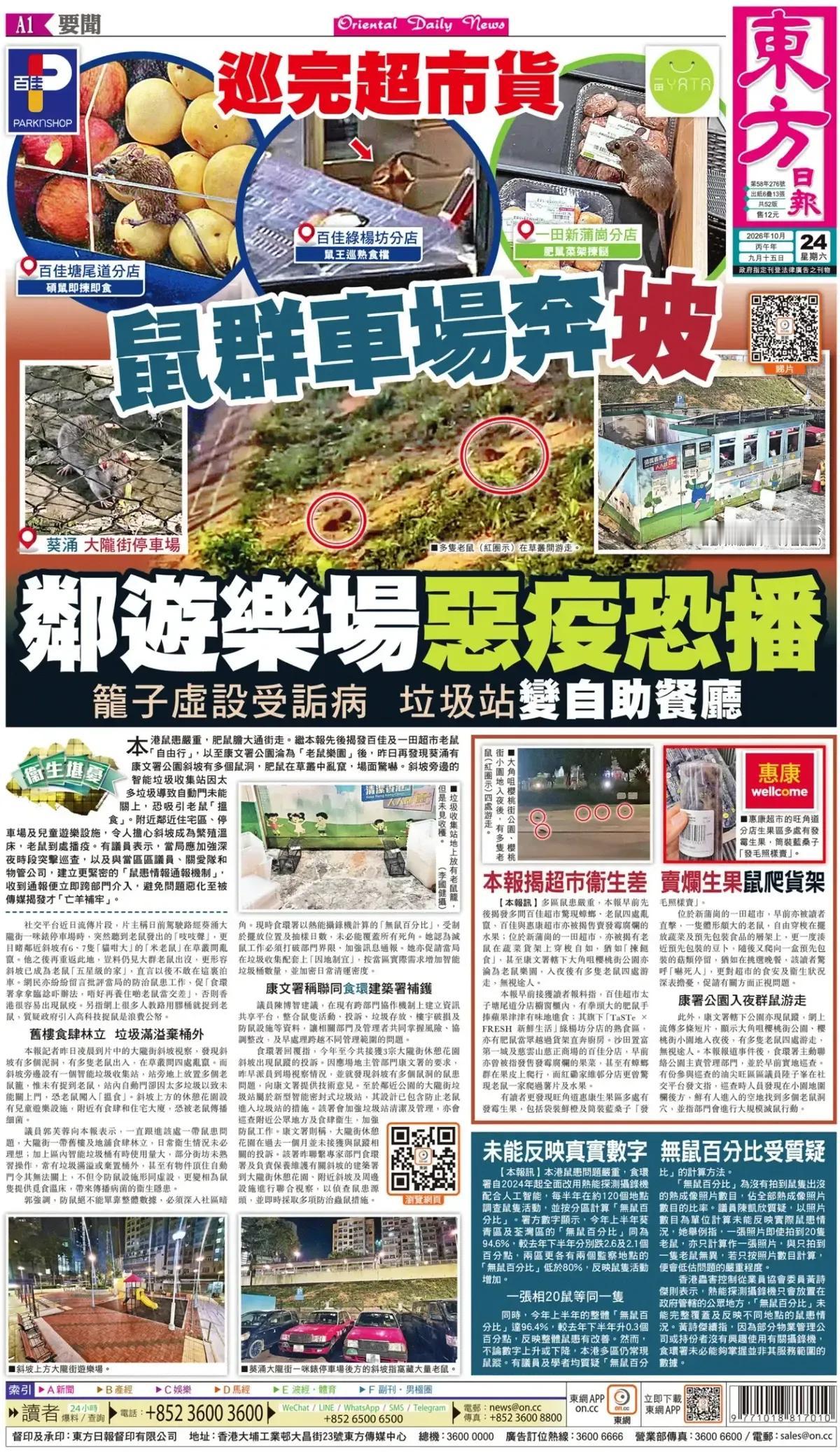 香港《东方日报》头版关注了本港鼠患问题，香港灭鼠出现问题，停车场，公园，熟食店，