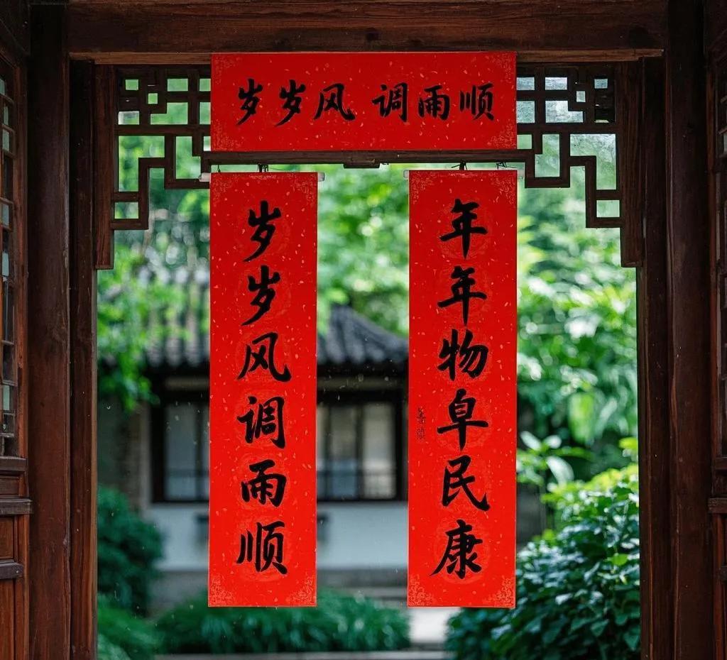 岁岁风调雨顺，请赐下联上联：岁岁风调雨顺
下联：年年物阜民康
解释：“岁岁”对“