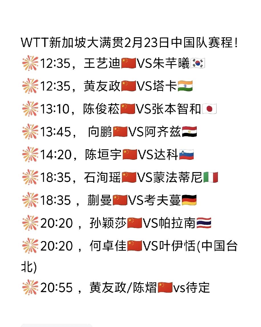 央视五套、央视5+有直播！
新加坡大满贯后天（2月23日，正月初七）赛程！
20