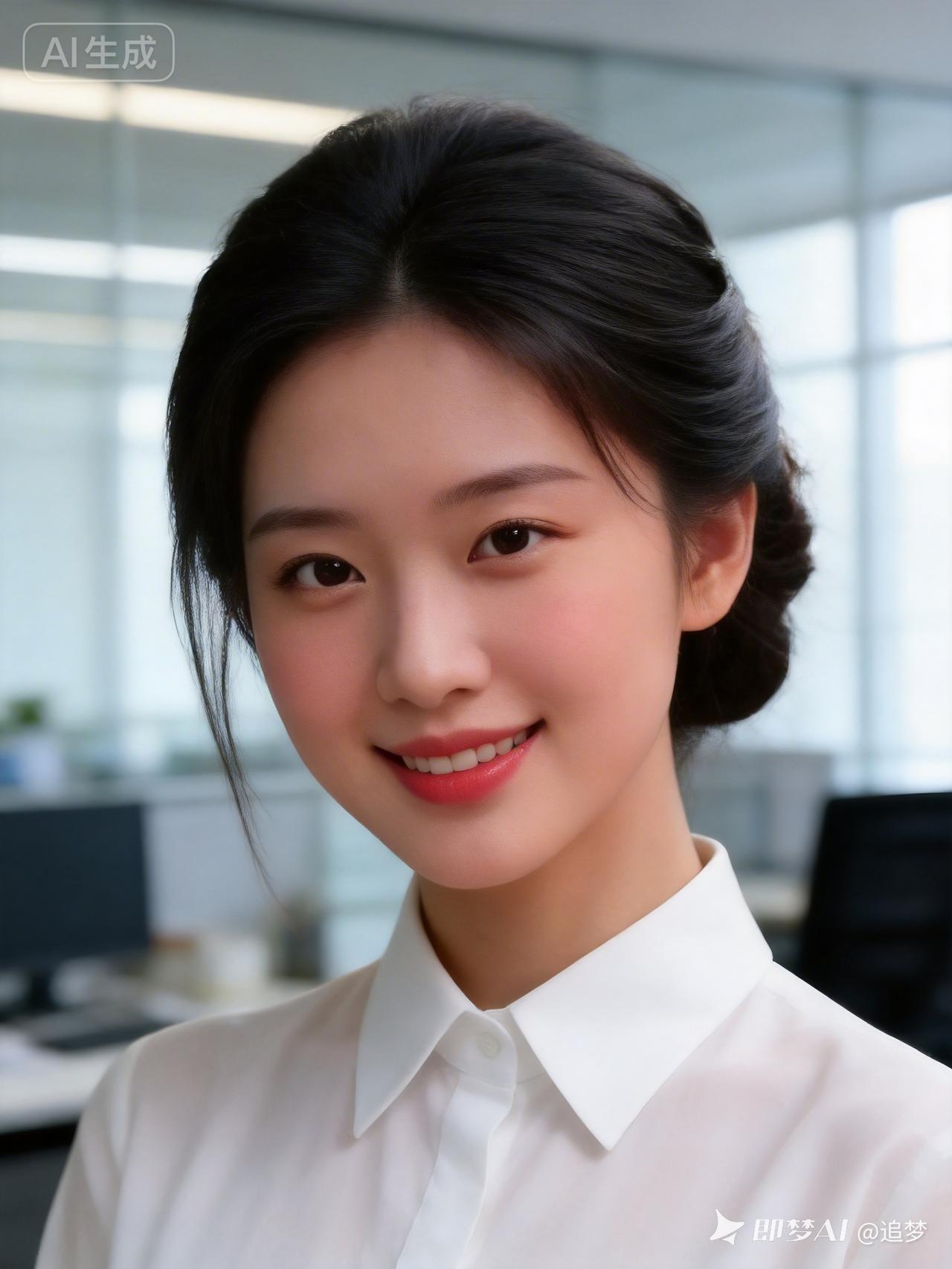 高颜值美女面色红润笑容温婉，办公室光线通透，立体感极强，分辨率拉满，身着白色衬衣