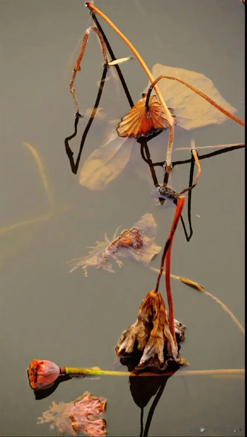 残荷
秋阴不散霜飞晚 ，留得枯荷听雨声。经历风雨后的残荷，仿佛被岁月蹂躏的旧纸，