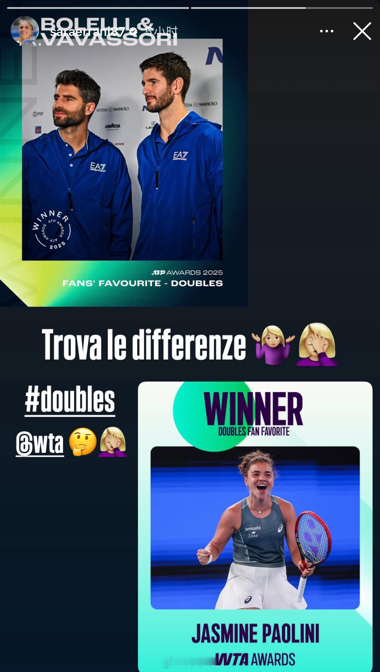 埃拉尼发文质疑WTA。为什么WTA最受欢迎双打球员是选一个球员，而不是像ATP一