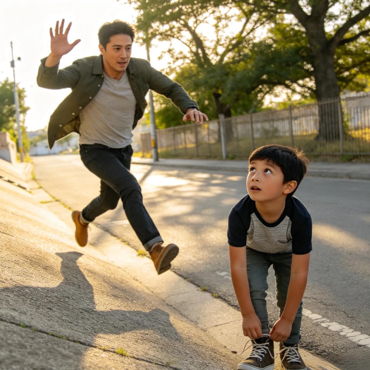 爸爸偷袭儿子没刹住，一路狂奔下坡，网友吵翻两大派！


谁懂啊！
爸爸本想偷偷逗