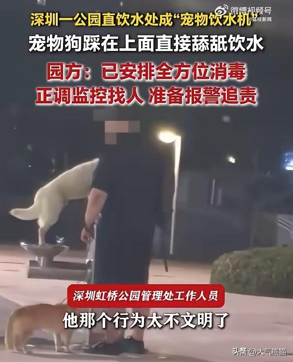 直接让狗舔舐公园的直饮水，这种事必须要追责。
6月3日，在深圳一处公园直饮水台上