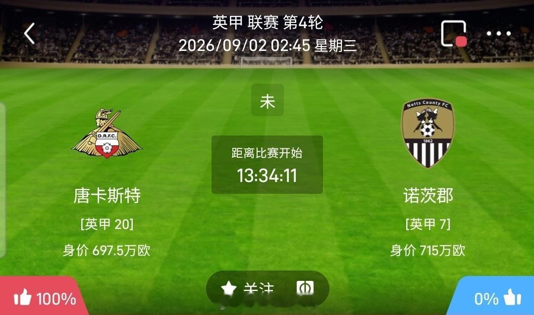 【北单】周二57英甲方向：唐卡斯特vs诺茨郡英甲 唐卡斯特 VS 诺茨郡比赛时间